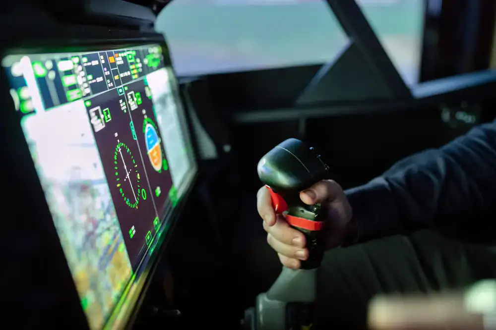 Pilot navigating the support menu in a mobile flight simulator